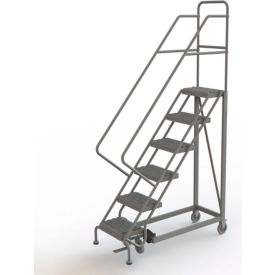 6 Step 16"W Steel Safety Angle Rolling Ladder, Grip Strut, Gray