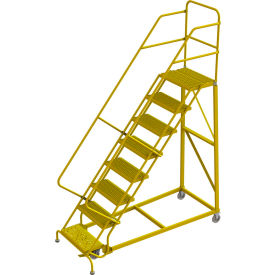 8 Step 24"W Steel Safety Angle Rolling Ladder, Grip Strut, Safety Yellow