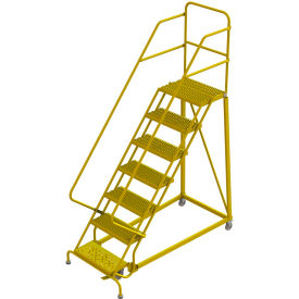7 Step 24"W Steel Safety Angle Rolling Ladder, Grip Strut, Safety Yellow
