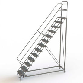 13 Step 24" Width Steel Safety Angle Rolling Ladder, Perforated Tread, Gray