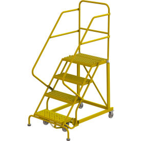 4 Step 24"W Steel Safety Angle Rolling Ladder, Grip Strut, Safety Yellow