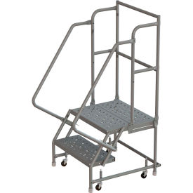 2 Step 16"W 30"D Steel Rolling Ladder, Perforated Tread, 42" Handrail