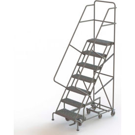 7 Step Steel Easy Turn Rolling Ladder, Serrated Tread, Standard Angle