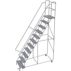 11 Step Aluminum Rolling Ladder, 24"W Ribbed Tread, 14"D Top Step, 32" Handrails