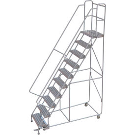 10 Step Aluminum Rolling Ladder, 24"W Ribbed Tread, 14"D Top Step, 32" Handrails