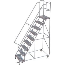9 Step Aluminum Rolling Ladder, 24"W Ribbed Tread, 14"D Top Step, 32" Handrails - WLAR109244