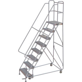 8 Step Aluminum Rolling Ladder, 24"W Ribbed Tread, 14"D Top Step, 32" Handrails