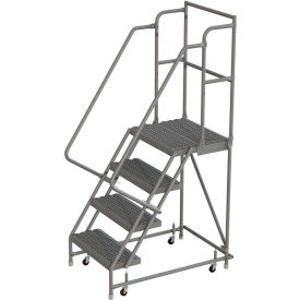 4 Step 16"W 30"D Steel Rolling Ladder, Grip Strut Tread, 42" Handrail