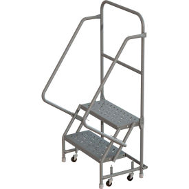 Steel Rolling Ladder, Perforated Tread, 36" Handrail - 16"W 10"D Top Step