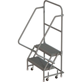 2 Step 16"W 10"D Top Step Steel Rolling Ladder, Grip Strut Tread, 36" Handrail