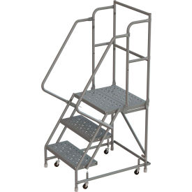 3 Step 24"W 30"D Top Step Steel Rolling Ladder, Perforated Tread, 42" Handrail -
