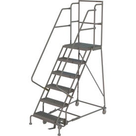 6 Step 16"W 20"D Top Step Steel Rolling Ladder, Grip Strut Tread, 36" Handrail -