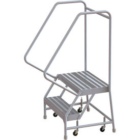 2 Step Aluminum Rolling Ladder, 24"W Ribbed Tread, 14"D Top Step, 32" Handrails