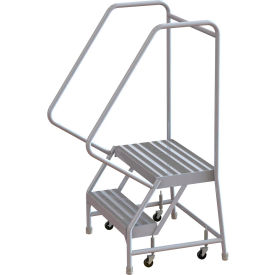 2 Step Aluminum Rolling Ladder, 16"W Ribbed Tread, 14"D Top Step, 32" Handrails