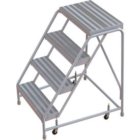 4 Step Aluminum Rolling Ladder, 16"W Ribbed Tread, 14"D Top Step, No Handrails.