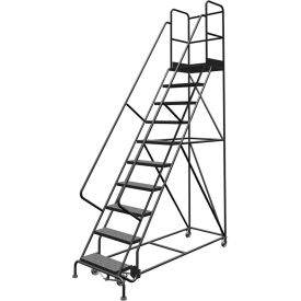 10 Step 24"W 30"D Top Step Steel Rolling Ladder, Perforated Tread, 42" Handrail
