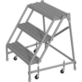 3 Step 24"W 10"D Top Step Steel Rolling Ladder, Grip Strut Tread, No Handrail