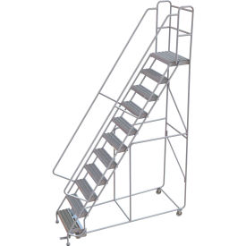 11 Step Aluminum Rolling Ladder, 24"W Grip Strut, 14"D Top Step, 32" Handrails