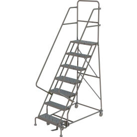 7 Step 16"W 10"D Top Step Steel Rolling Ladder, Perforated Tread, 36" Handrail.