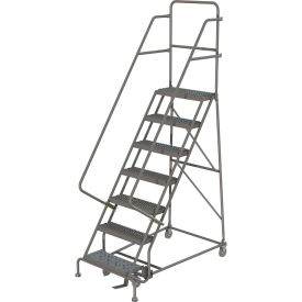 7 Step 16"W 10"D Rolling Ladder, Grip Strut Tread, 36" Handrail