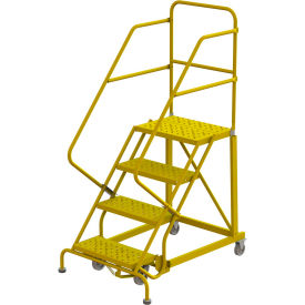4 Step 24"W Steel Safety Angle Rolling Ladder, Perforated Tread, Safety Yellow