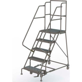 5 Step 16"W 30"D Top Step Steel Rolling Ladder, Grip Strut Tread, 42" Handrail