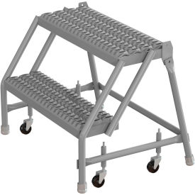 2 Step 24"W 10"D Top Step Steel Rolling Ladder, Grip Strut Tread, No Handrail