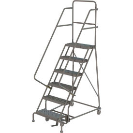 6 Step 16"W 10"D Top Step Steel Rolling Ladder, Grip Strut Tread, 36" Handrail