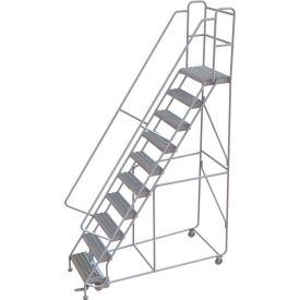 10 Step Aluminum Rolling Ladder, 24"W Grip Strut, 14"D Top Step, 32" Handrails