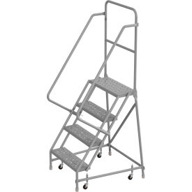 4 Step 24"W 10"D Top Step Steel Rolling Ladder, Perforated Tread, 36" Handrail