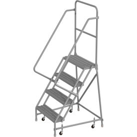 4 Step 24"W 10"D Top Step Steel Rolling Ladder, Grip Strut Tread, 36" Handrail