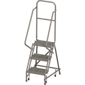 3 Step 16"W 30"D Top Step Steel Rolling Ladder, Grip Strut Tread, 42" Handrail