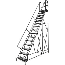 15 Step 24"W 30"D Top Step Steel Rolling Ladder, Grip Strut Tread, 42" Handrail