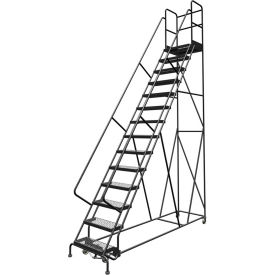 14 Step 24"W 30"D Steel Rolling Ladder, Grip Strut Tread, 42" Handrail