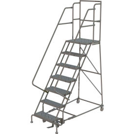7 Step 16"W 30"D Top Step Steel Rolling Ladder, Perforated Tread, 42" Handrail