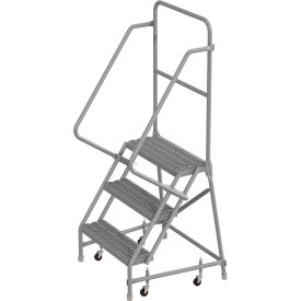 24"W 10"D Top Step Steel Rolling Ladder, Grip Strut Tread, 36" Handrail