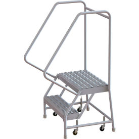 2 Step Aluminum Rolling Ladder, 16"W Grip Strut, 14"D Top Step, 32" Handrails