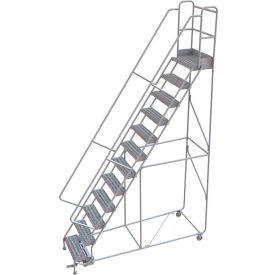 12 Step Aluminum Rolling Ladder, 24"W Ribbed Tread, 14"D Top Step, 36" Handrails