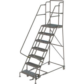 7 Step 16"W 30"D Top Step Steel Rolling Ladder, Grip Strut Tread, 42" Handrail