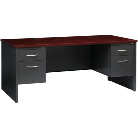 Modular Steel Desk - Double Pedestal - 72 x 36 - Charcoal/Mahogany