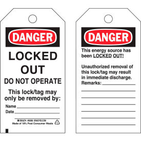 66066 Lockout Tag- Danger Locked Out Do Not Operate, 2-Sided, Polyester, 25/Pack