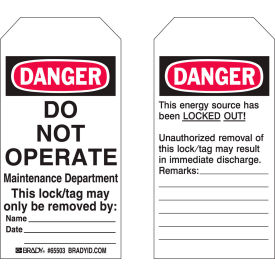 Lockout Tag- Danger Do Not Operate, 2 Sided, Polyester, 4"W x 5-3/4"H, 25/Pack