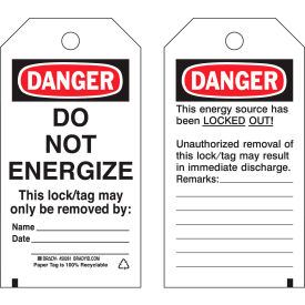 Lockout Tag- Danger Do Not Energize, 2 Sided, Cardstock, 4"W x 5-3/4"H, 25/Pack