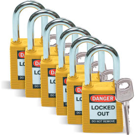 Lockout Padlock, Keyed Alike, 1-1/2", Plastic Covered Steel, Yellow, 6/Pack