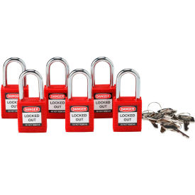 Lockout Padlock, Keyed Alike, 1-1/2", Plastic Covered Steel, Red, 6/Pack