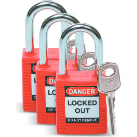 Lockout Padlock, Keyed Alike, 1-1/2", Plastic Covered Steel, Red, 3/Pack