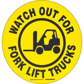 104501 Floor Watch Out For Fork Lift Trucks Sign, Yellow/Black, Polyester, 17"Dia