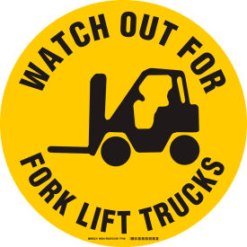 Floor Watch Out For Fork Lift Trucks Sign, Yellow/Black, Anit-skid, Vinyl, 17"Dia