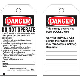 Lockout Tag- Danger, Do Not Operate, 2 Sided, Polyester, Pack of 25