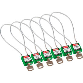 Cable Safety Padlocks, Keyed Alike, 8"H Clearance Steel Cable, Green, 6/Pack